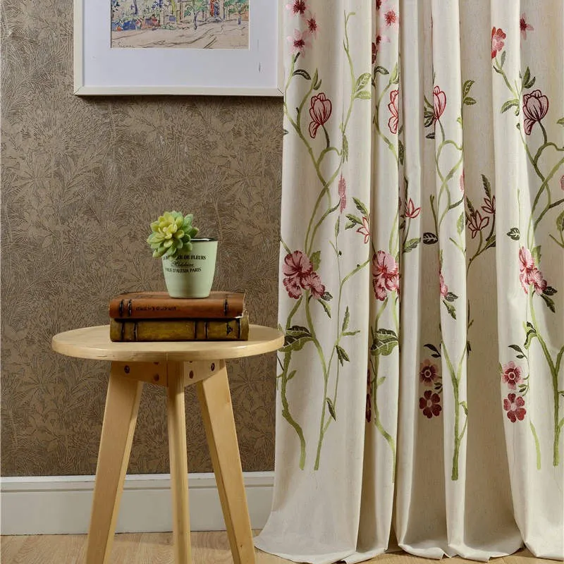 Rideau à œillets en Lin Brodé Floral 140 x H260 Tige Verte Bleue Brune