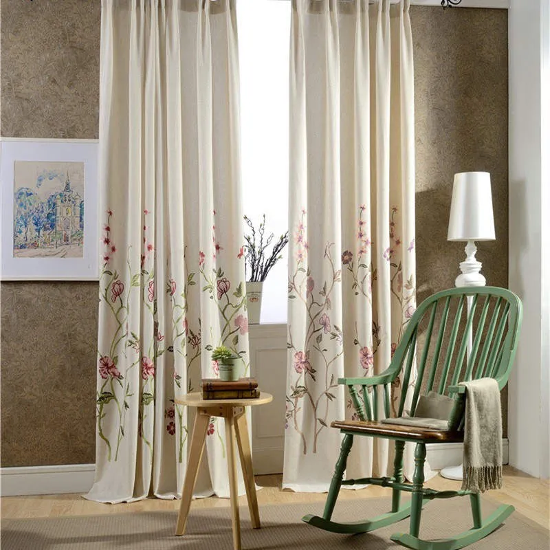 Rideau à œillets en Lin Brodé Floral 140 x H260 Tige Verte Bleue Brune