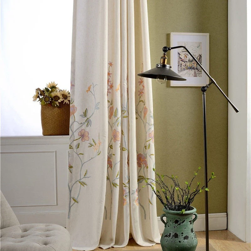 Rideau à œillets en Lin Brodé Floral 140 x H260 Tige Verte Bleue Brune