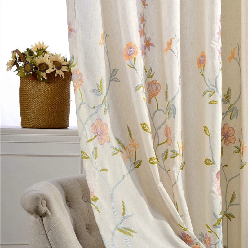 Rideau à œillets en Lin Brodé Floral 140 x H260 Tige Verte Bleue Brune