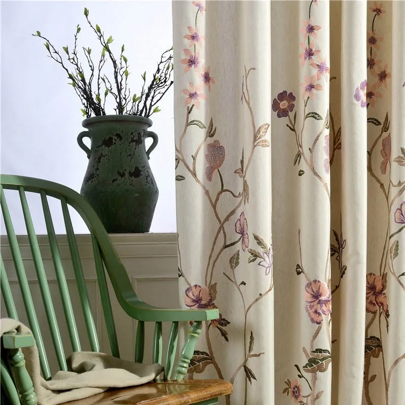 Rideau à œillets en Lin Brodé Floral 140 x H260 Tige Verte Bleue Brune