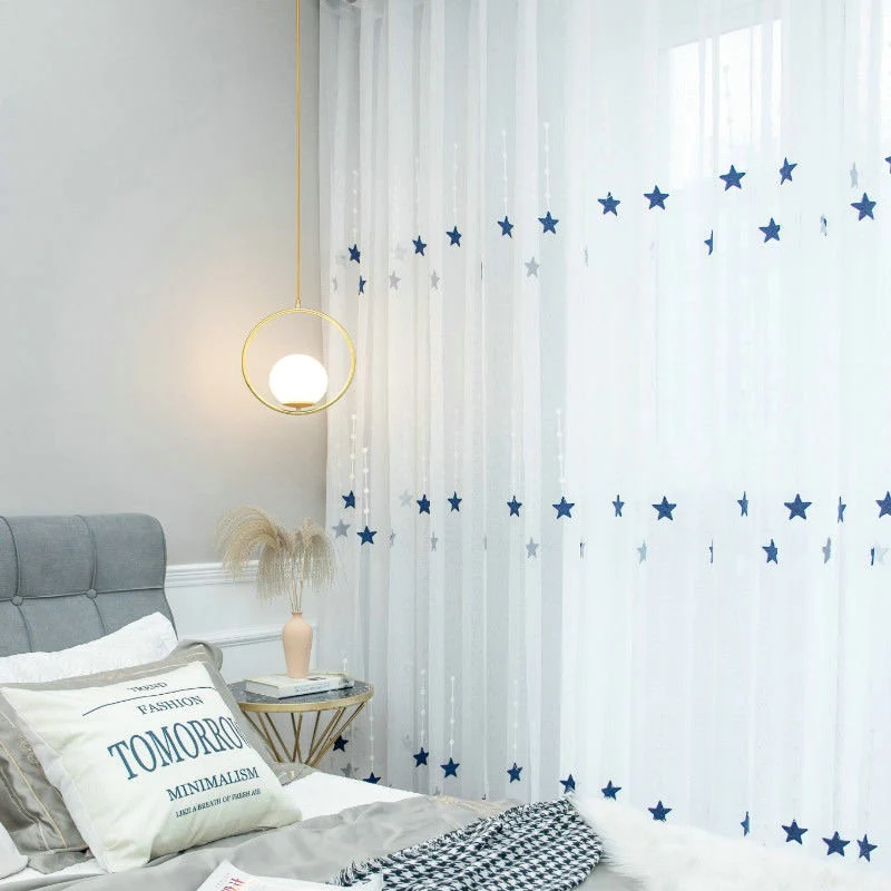 Voilage à œillets Étoile Broderie Bleu 140 x H240 cm