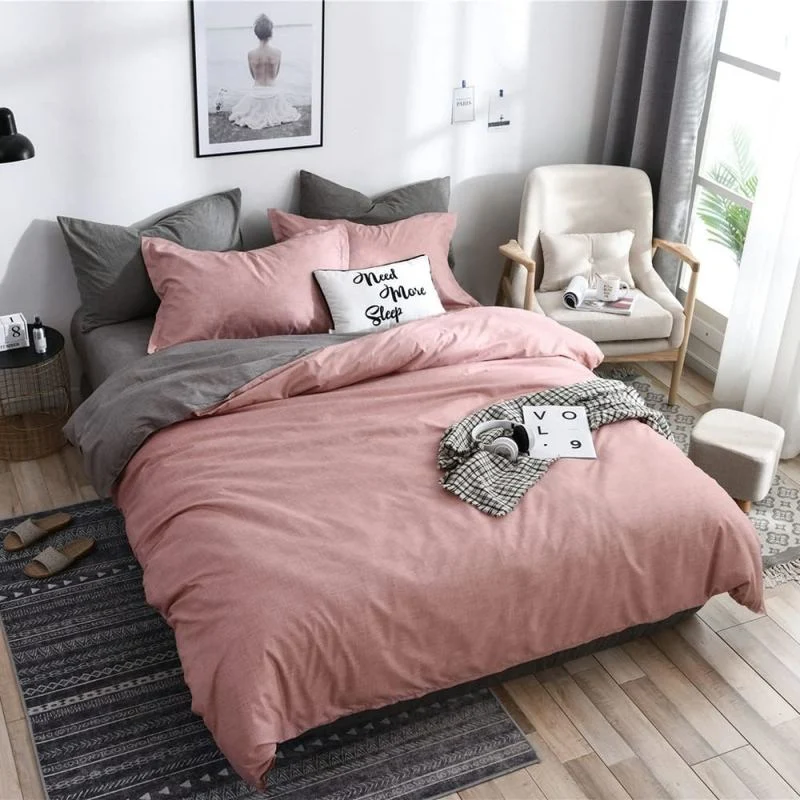 Housse de Couette Unie et Deux Taies Rose Gris