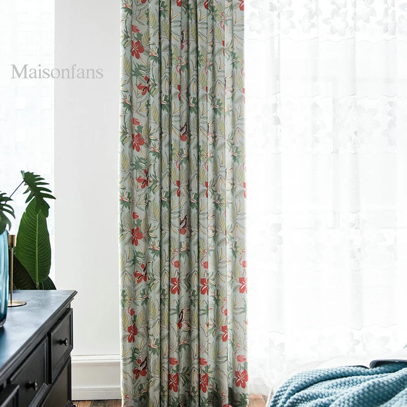 Rideau Flamant Exotique Floral Vert Gris 140X260cm