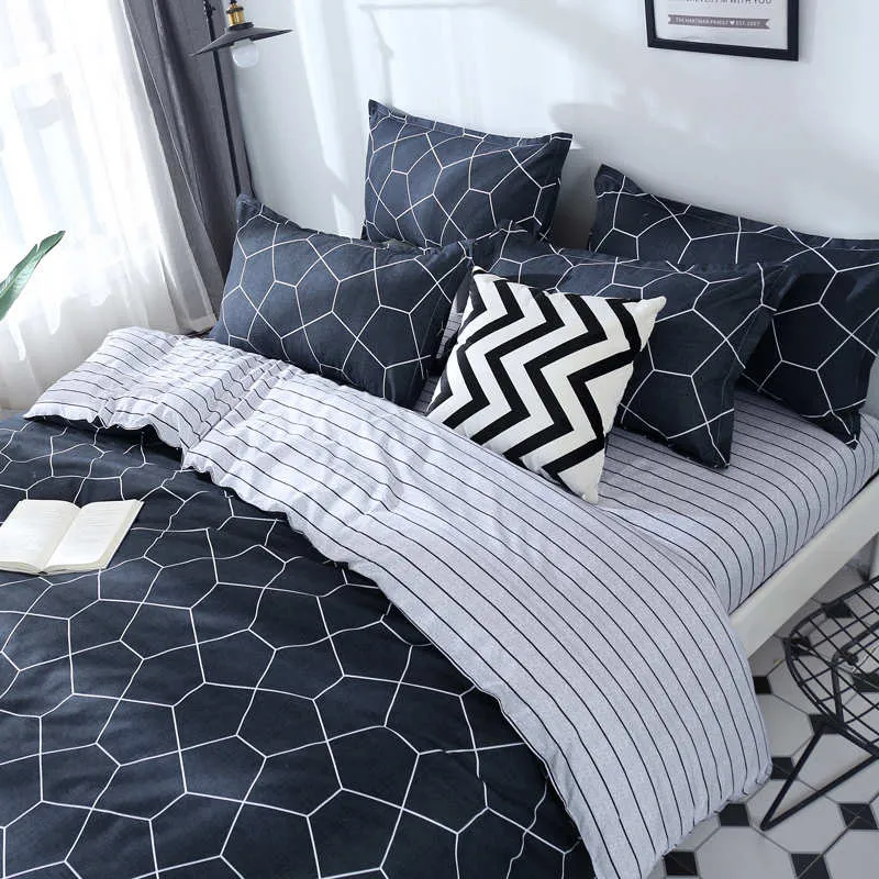 Housse de couette et deux taies carreaux bleu foncé 240 cm