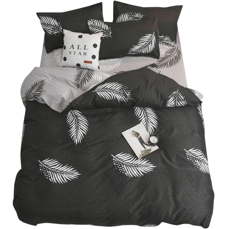Housse de couette fantaisie deux taies d'oreiller feuille noir (240 cm) pour chambre