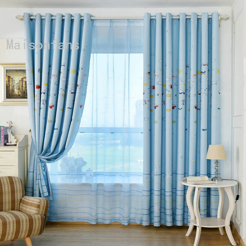 Rideau Enfant Occultant Poisson et Mer 140 x H240 cm Bleu