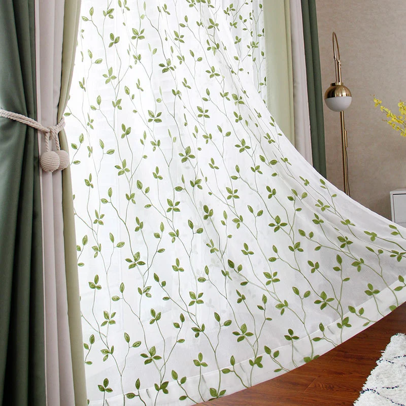 Voilage à œillets brodé feuille vert (140 x H180 cm)