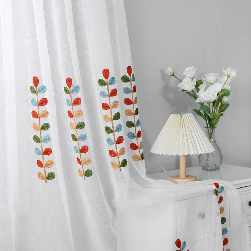Voilage à œillets Broderie Feuille Couleur (135 x H240 cm)