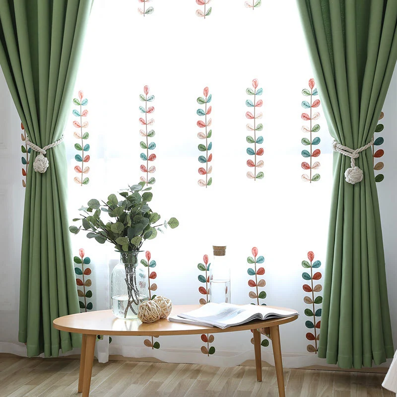 Voilage à œillets Broderie Feuille Couleur (135 x H240 cm)