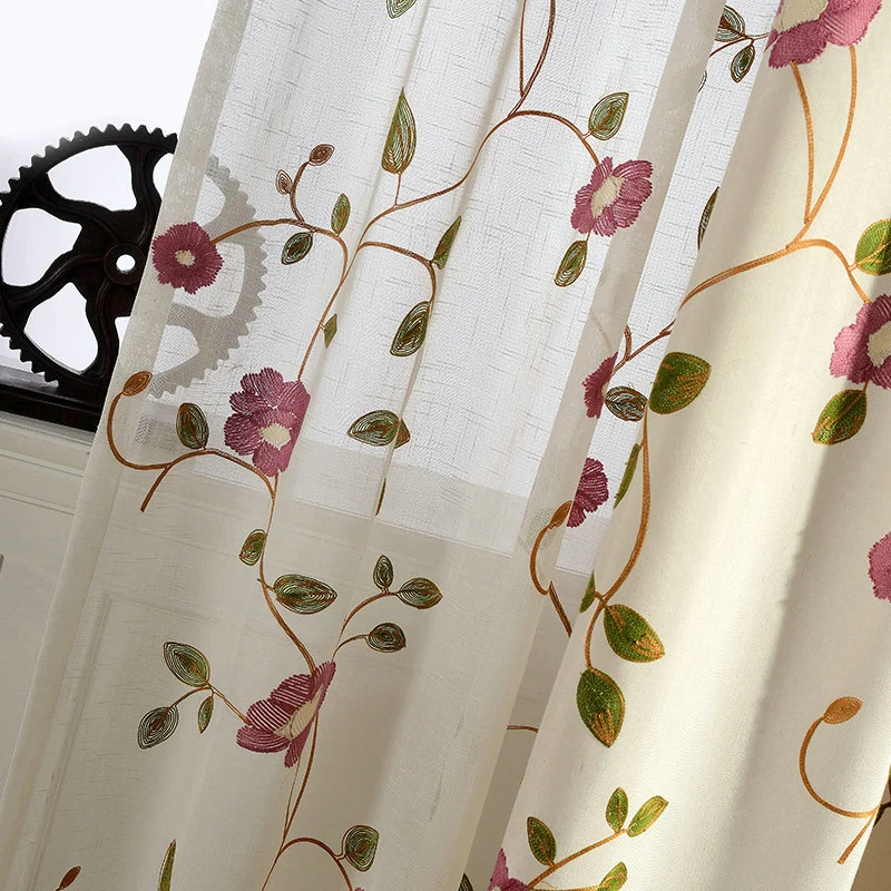 Rideau Fleuri Brodé en Lin Tamisant 140 x H240 cm Rouge