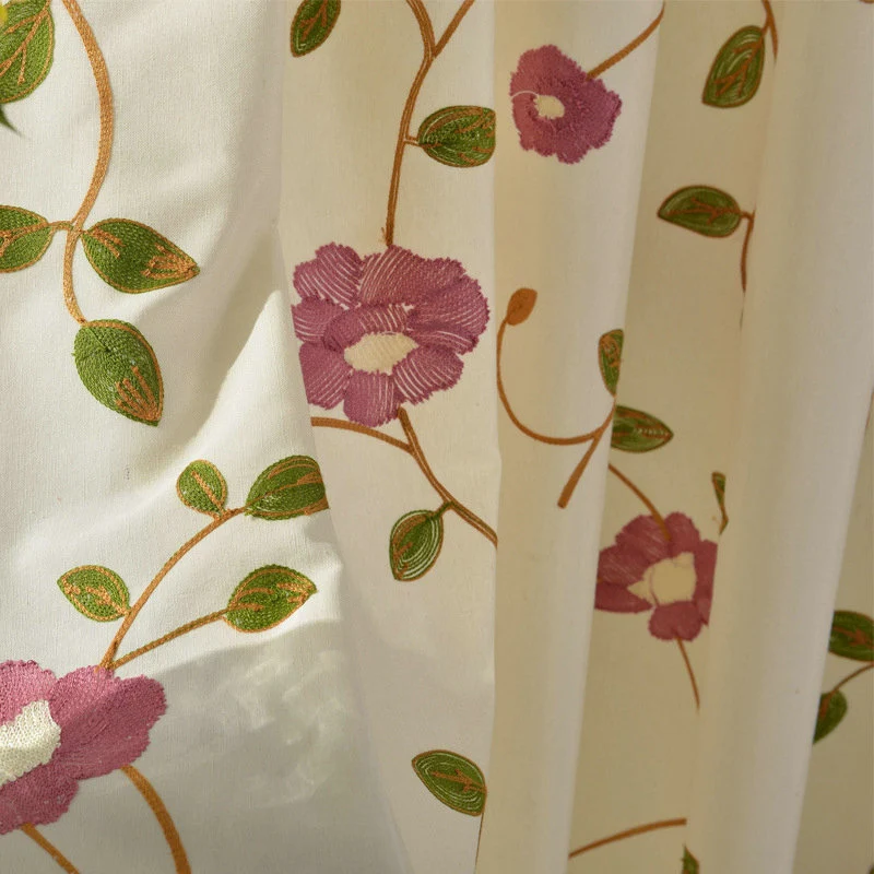 Rideau Fleuri Brodé en Lin Tamisant 140 x H240 cm Rouge