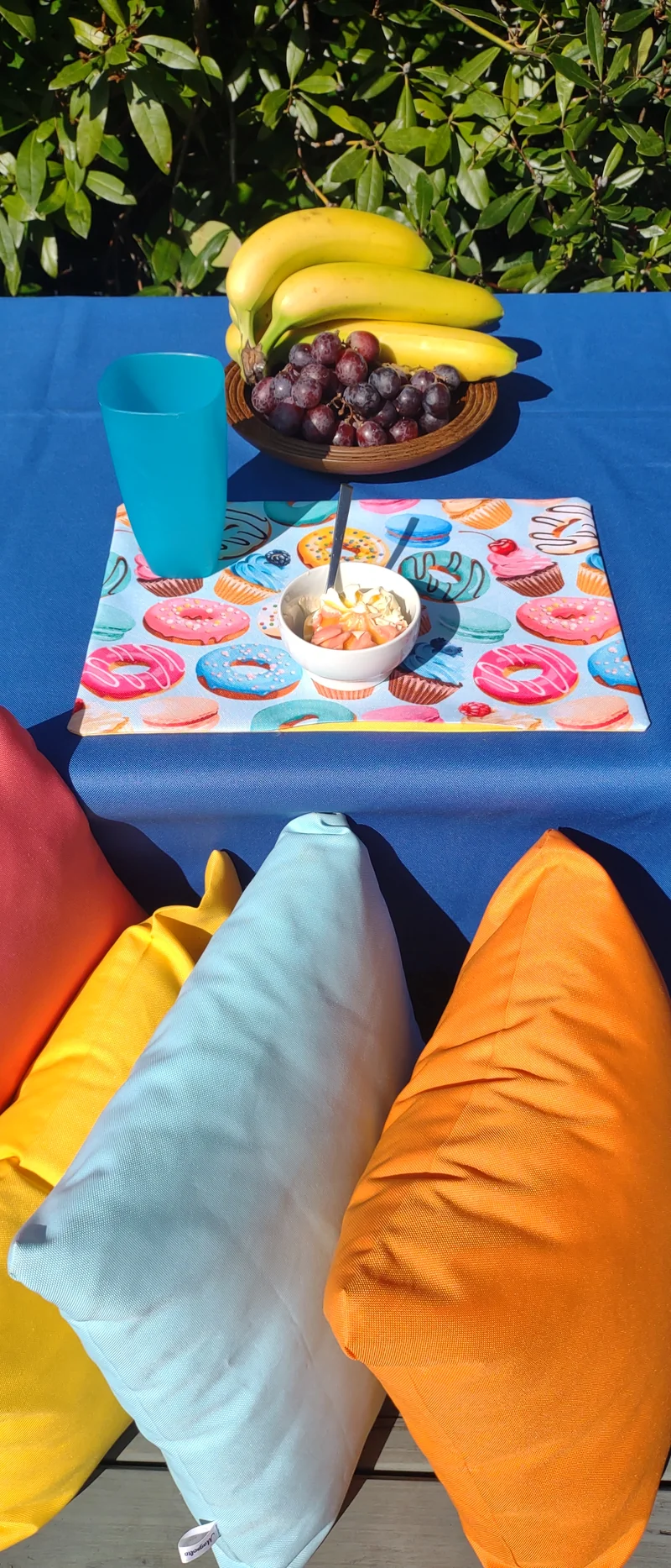Donuts Garden Table Set – Tablecloth, 2 Cushion Covers and Place mats | Perfect for Garden Parties, Weddings & Kids' Events