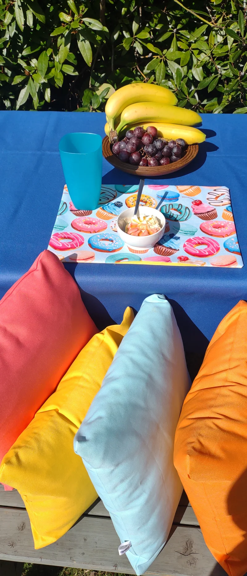 Donuts Garden Table Set – Tablecloth, 2 Cushion Covers and Place mats | Perfect for Garden Parties, Weddings & Kids' Events
