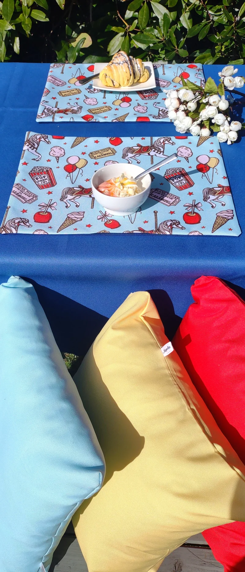 Carousel Garden Table Set – Tablecloth, 2 Cushion Covers and Place mats | Perfect for Garden Parties, Weddings & Kids' Events