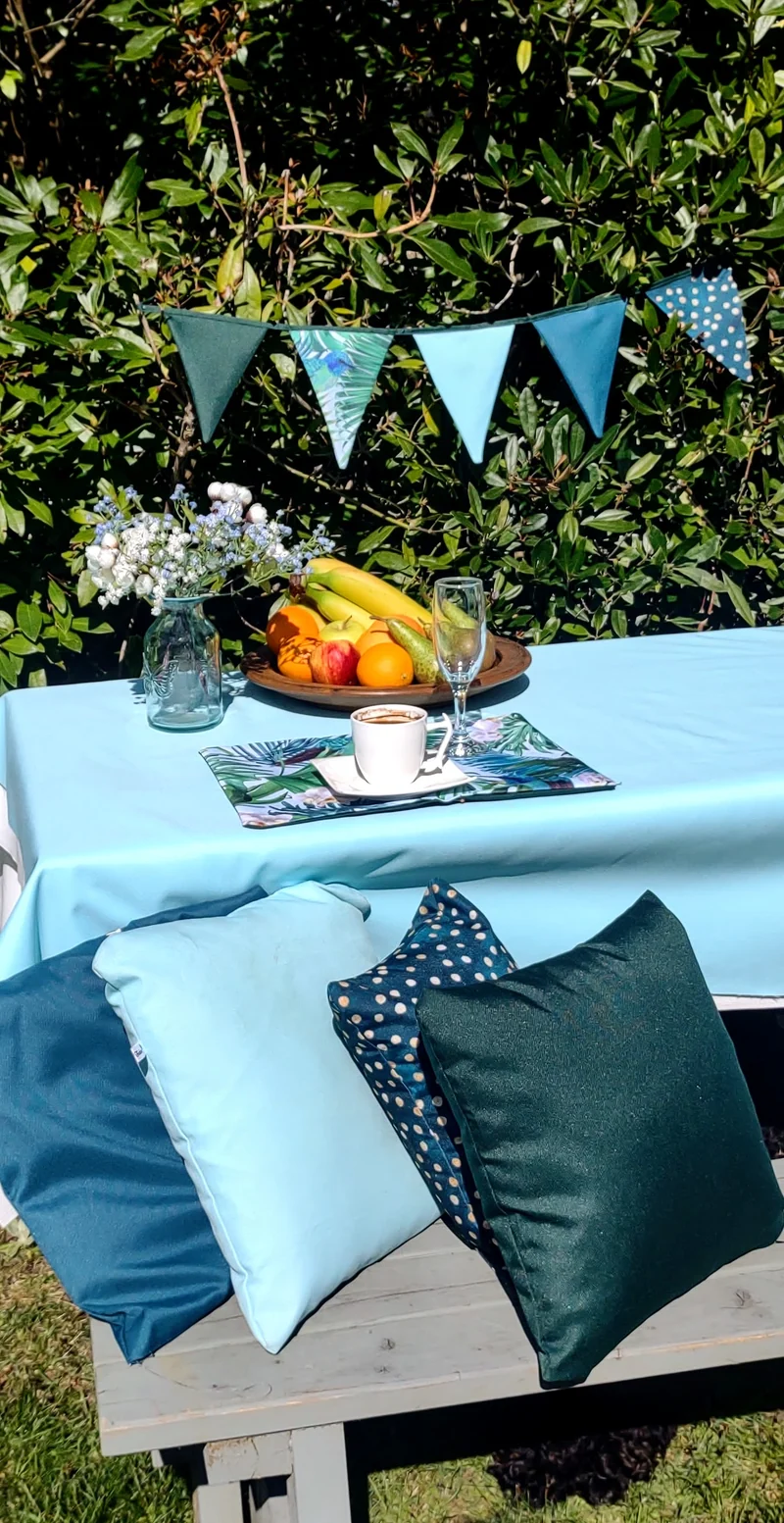 Blue Hummingbirds Garden Table Set – Tablecloth, 2 Cushion Covers, Bunting and Place mats | Perfect for Garden Parties, Weddings & Kids' Events