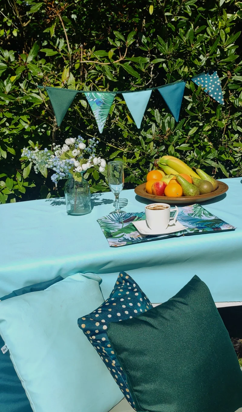 Blue Hummingbirds Garden Table Set – Tablecloth, 2 Cushion Covers, Bunting and Place mats | Perfect for Garden Parties, Weddings & Kids' Events