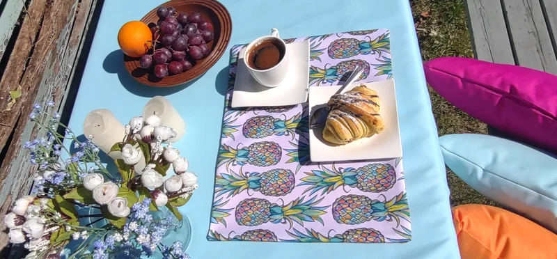 PIneapple Garden Table Set – Tablecloth, 2 Cushion Covers, Bunting and Place mats | Perfect for Garden Parties, Weddings & Kids' Events
