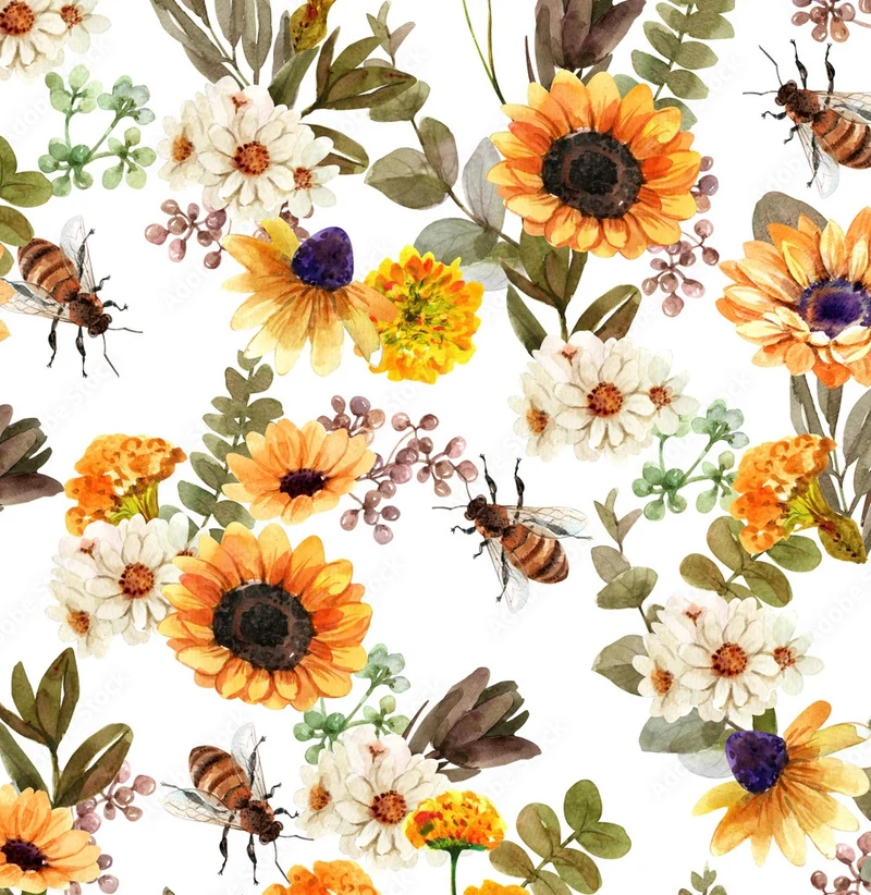 Flowers and Bees Cotton Fabric