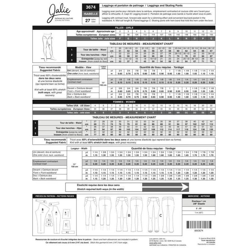 PATRON DE COUTURE PDF | Leggings et pantalons de patinage 3674 | Jalie | BILINGUE (AN/FR)