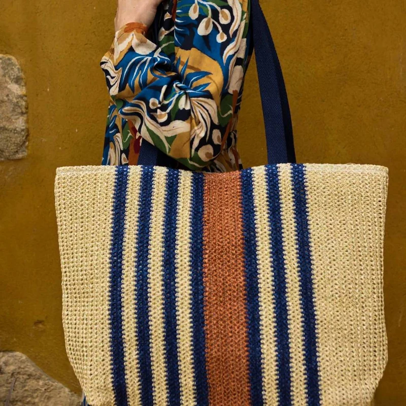 Raphia Tricoté en Papier | Rayures Nautiques Bleues & Naturelles | Katia Fabrics
