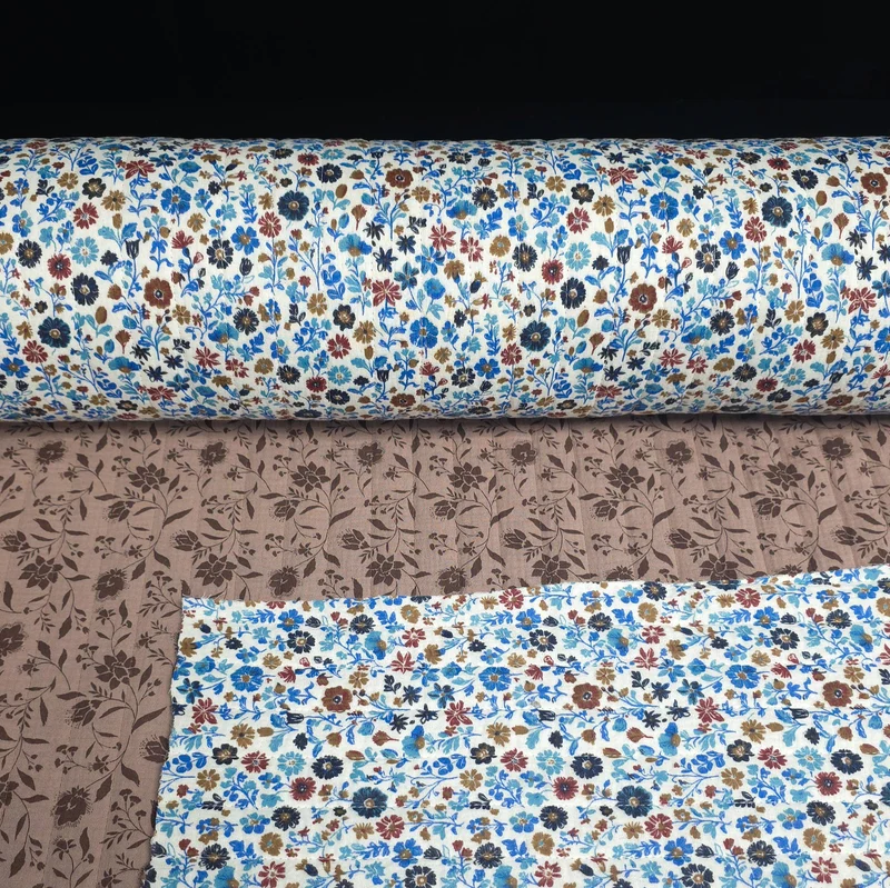 Double gaze matelassée réversible | Fleuri bleu & moka