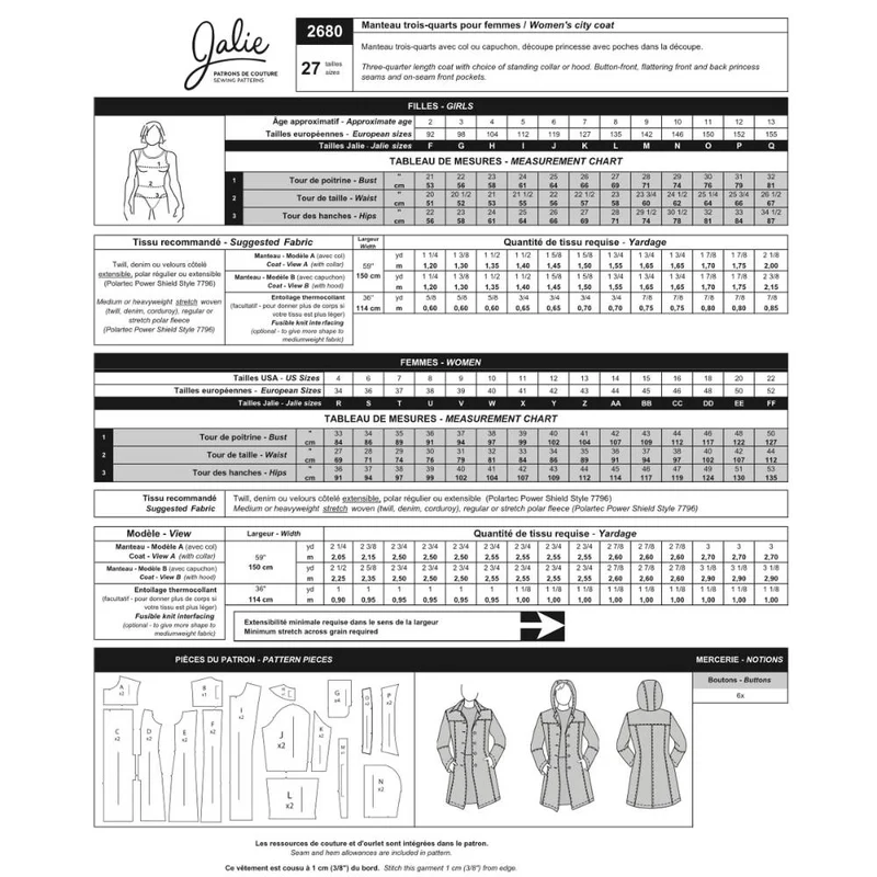 PDF PATRON DE COUTURE | 2680 | Manteau trois-quarts | Jalie | BILINGUE (FR/EN)
