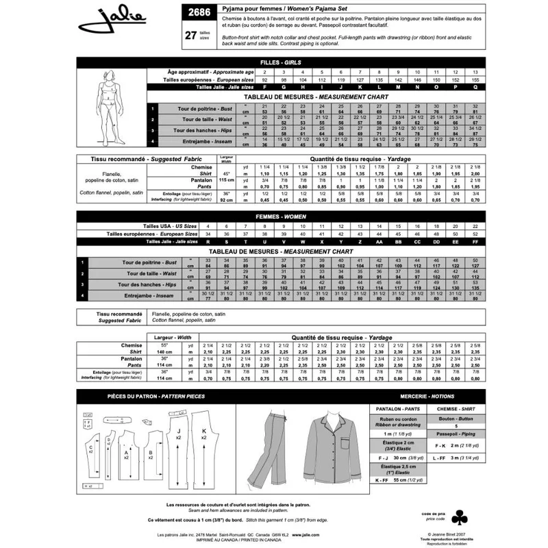 PDF PATRON DE COUTURE | 2686 | Ensemble de pyjama classique | Jalie | BILINGUE (FR/EN)