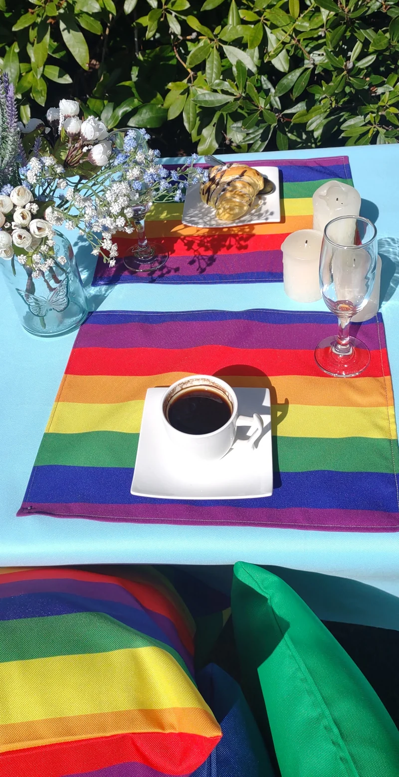 Rainbow Garden Table Set – Tablecloth, 4 Cushion Covers and Place mats | Perfect for Garden Parties, Weddings & Kids' Events