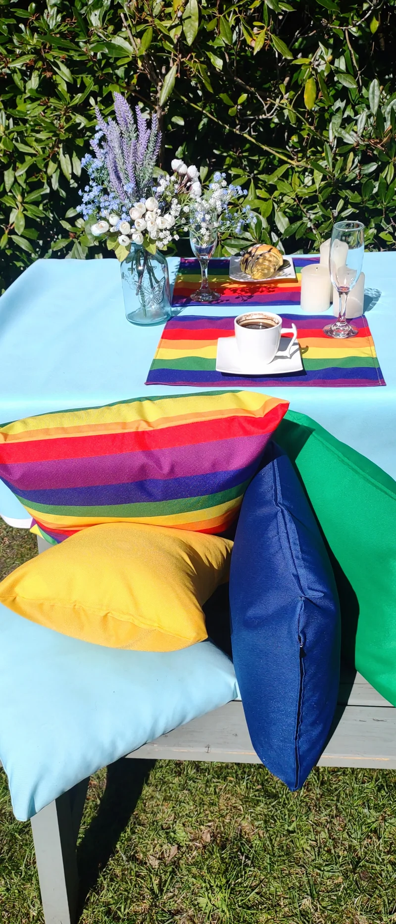 Rainbow Garden Table Set – Tablecloth, 4 Cushion Covers and Place mats | Perfect for Garden Parties, Weddings & Kids' Events