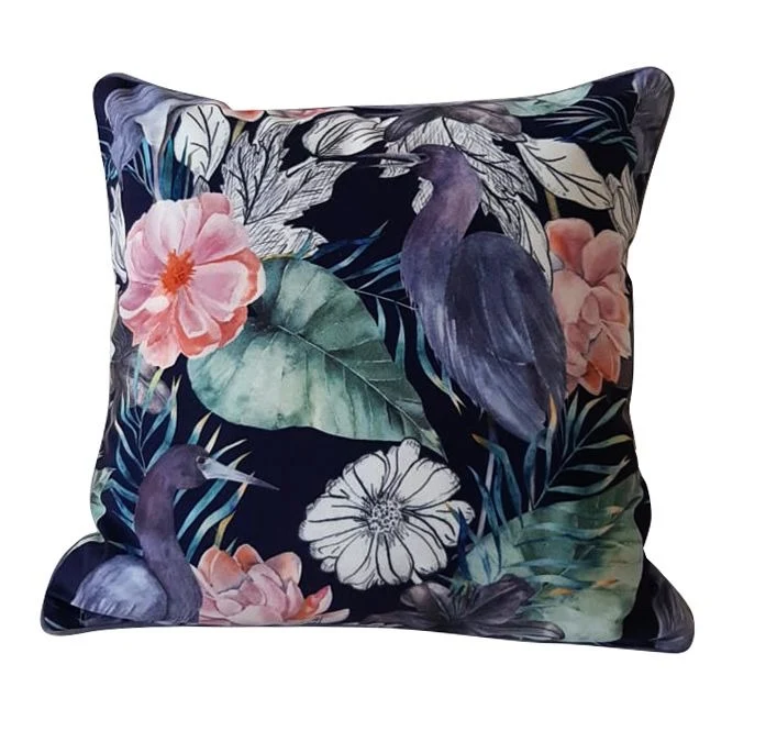 Cranes Velvet Cushion Cover Pillowcase 45x45cm zippered piped