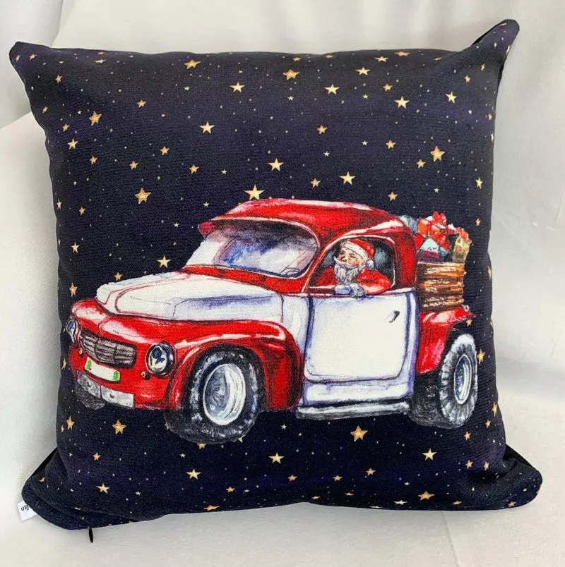 Vintage Car Driving Santa Luxury Velvet Pillowcase 45x45cm