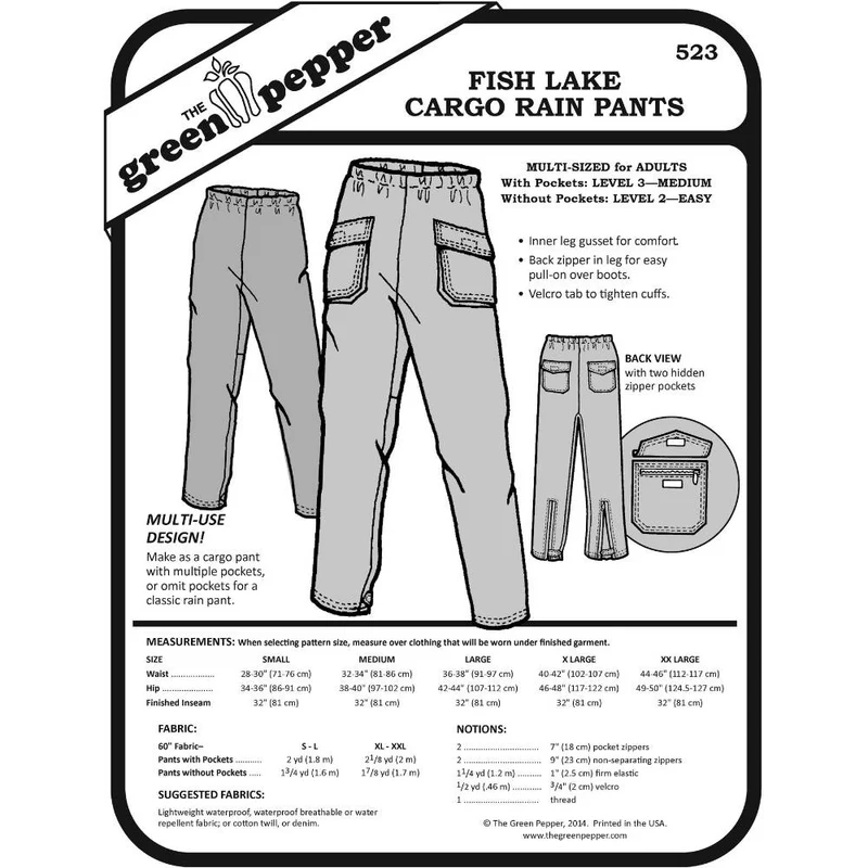 Patron de couture PDF | Pantalon cargo imperméable Fish Lake pour adulte | UNISEXE | The Green Pepper