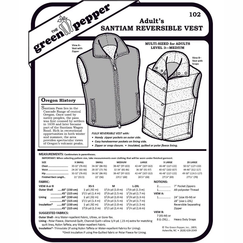 PATRON DE COUTURE PDF | Veste réversible Santiam (adulte) | Unisexe | The Green Pepper