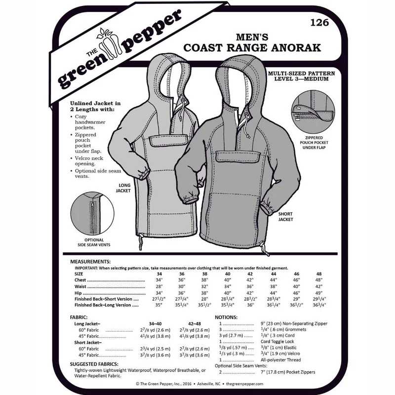 PATRON DE COUTURE PDF | Anorak Coast Range (homme) | The Green Pepper