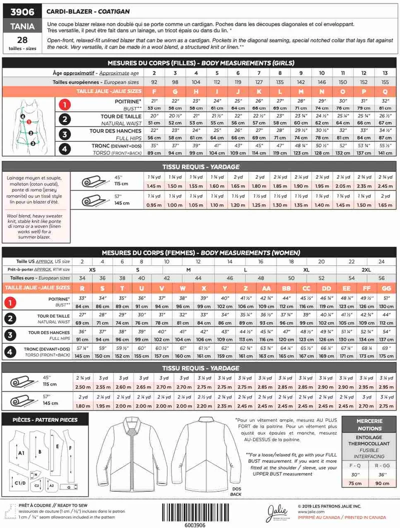PDF PATRON DE COUTURE | 3906 | TANIA Manteau style cardigan | Jalie | BILINGUE (FR/EN)