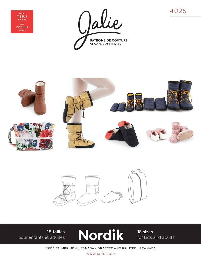 PDF PATRON DE COUTURE | 4025 | NORDIK | Chaussons matelassés et pantoufles + sac de voyage | Jalie | BILINGUE (FR/EN)