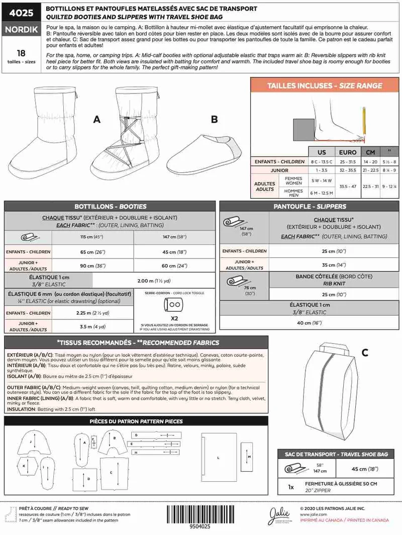 PDF PATRON DE COUTURE | 4025 | NORDIK | Chaussons matelassés et pantoufles + sac de voyage | Jalie | BILINGUE (FR/EN)