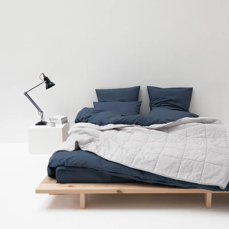Parure de lit en percale de coton lavé 300 fils • Bleu Orage