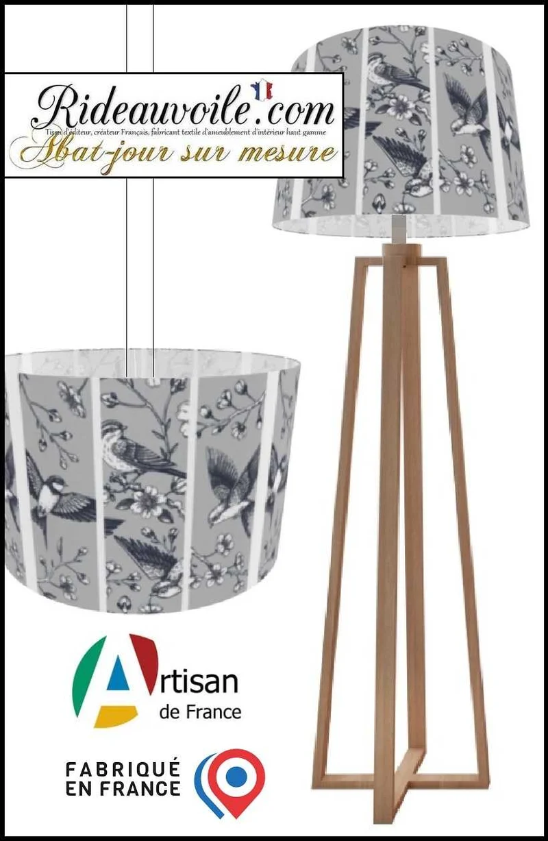 Fabrication luminaire d'intérieur sur mesure tissu motif oiseaux style dessin vintage