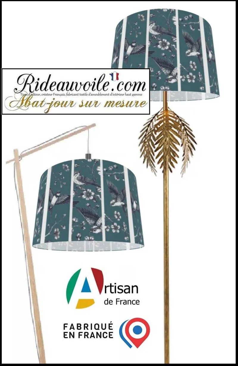 Fabrication abat-jour ROND d'intérieur sur mesure motif oiseaux style dessin Japonais
