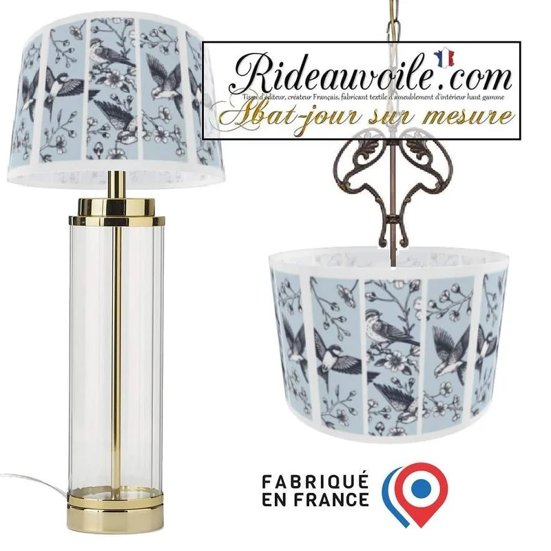 Création designer abat-jour ROND TAMBOUR suspension sur mesure motif oiseaux