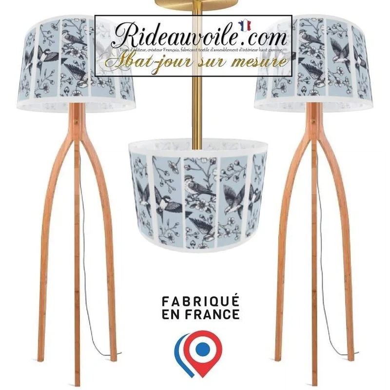 Création designer abat-jour ROND TAMBOUR suspension sur mesure motif oiseaux