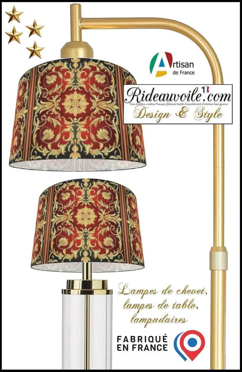 Agencement d'abat-jour tissu imprimé Création luminaires Rouge Or Ethnique Orient Asie