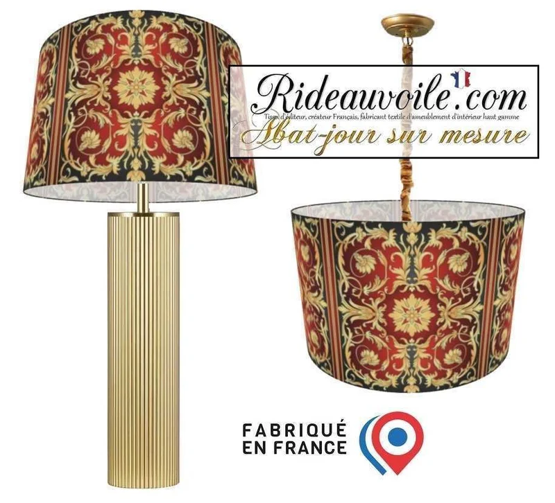 Agencement d'abat-jour tissu imprimé Création luminaires Rouge Or Ethnique Orient Asie