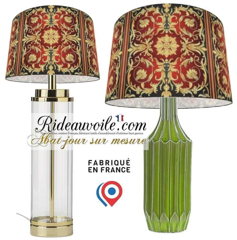 Agencement d'abat-jour tissu imprimé Création luminaires Rouge Or Ethnique Orient Asie
