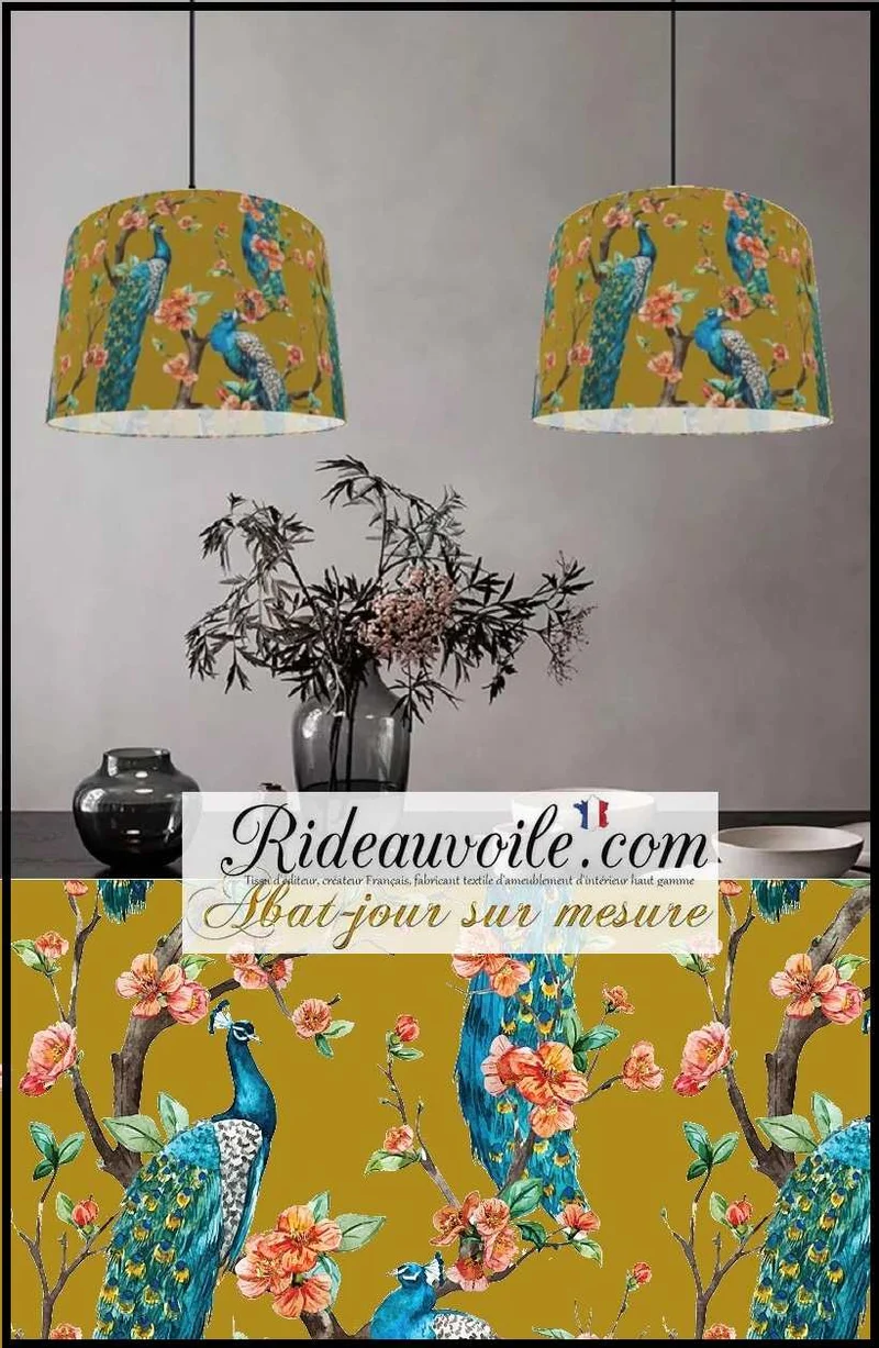 Luminaire spécialiste intérieur luxe abat-jour sur mesure tissu motif feuilles Fleurs paons