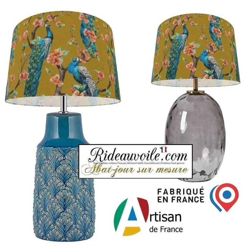 Luminaire spécialiste intérieur luxe abat-jour sur mesure tissu motif feuilles Fleurs paons