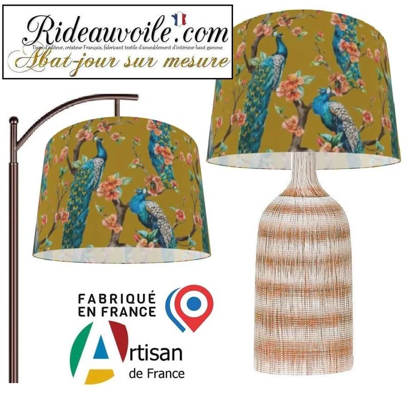 Luminaire spécialiste intérieur luxe abat-jour sur mesure tissu motif feuilles Fleurs paons
