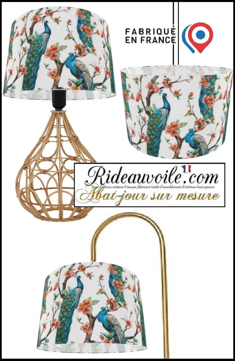 Luminaire spécialiste luxe abat-jour sur mesure tissu motif feuilles Fleurs paons bleu